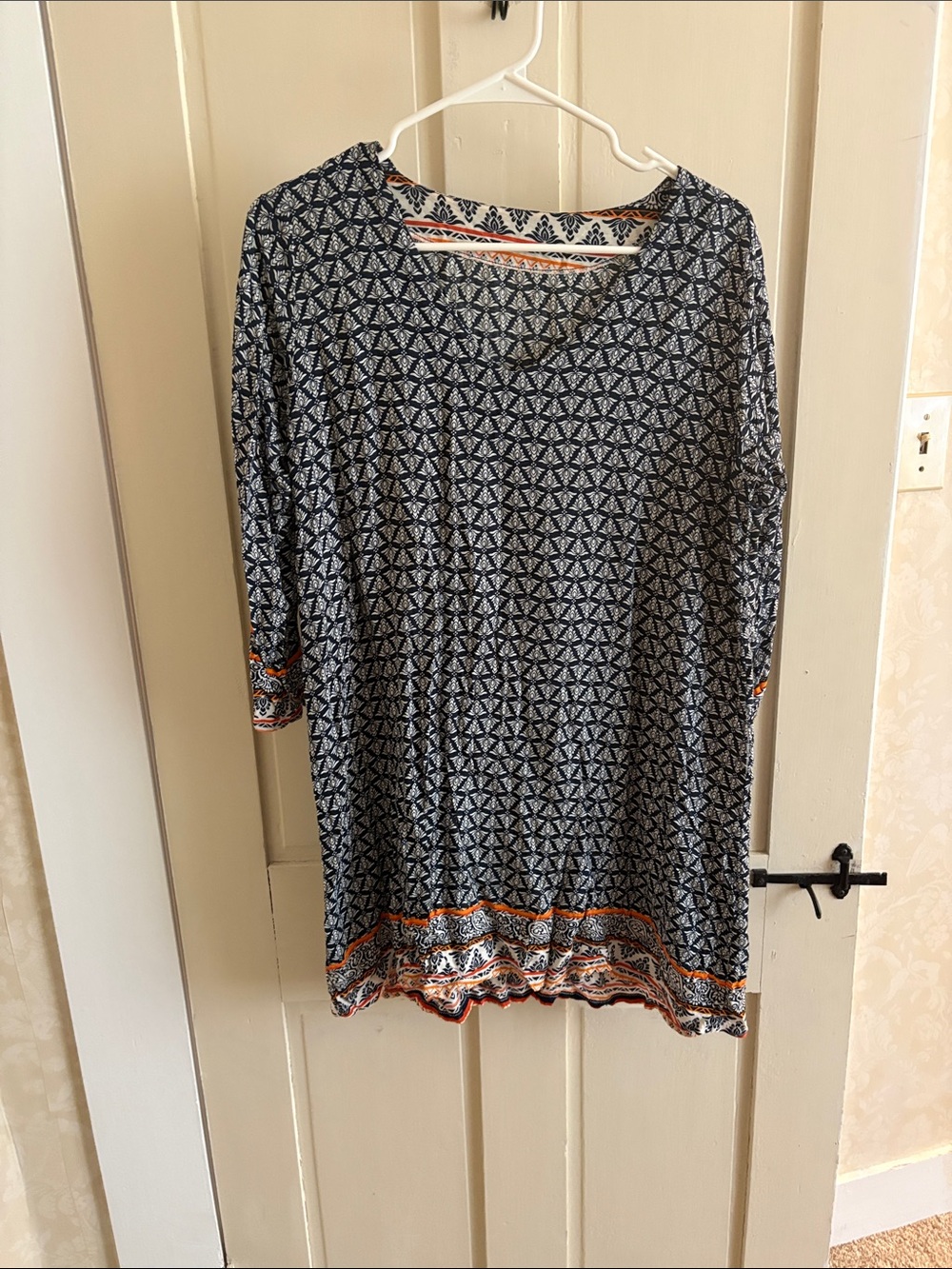 Women's Navy Printed V-Neck Tunic with Orange Border
